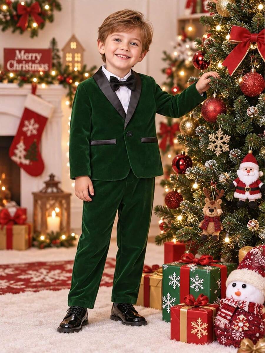 BOARNSEORL Young Boys Velvet Gentleman Suit Set With Bowknot And Long Pants, Fashionable Style, Suitable For Christmas Party, Evening Gala, First Birthday Party, Autumn/Winter - Dark Green - View 1