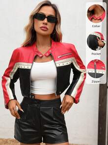 Women's Faux Leather Rivet Rock Punk Y2K Style Aviator Jacket - Red and Black - View 2