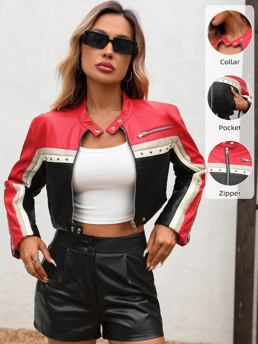 Women's Faux Leather Rivet Rock Punk Y2K Style Aviator Jacket