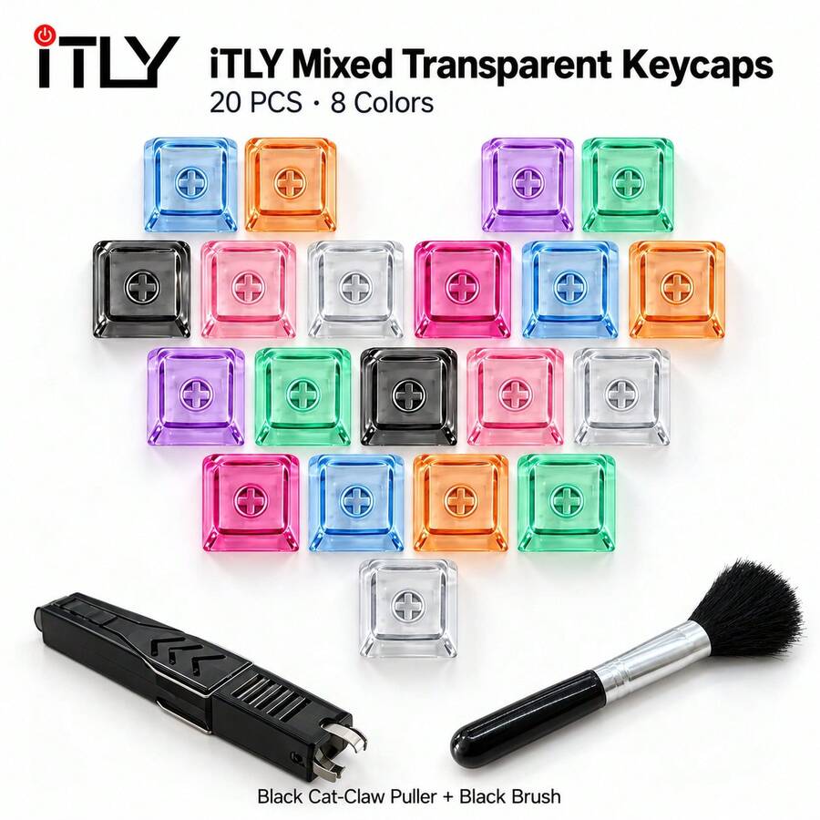 Transparent Keycap 20Pcs Mixed Color 8 Colors XDA Profile Through Cross Stem With Grab Hook Style Switch Puller And Black Brush For Mechanical Keyboard DIY Build RGB Backlight - View 1
