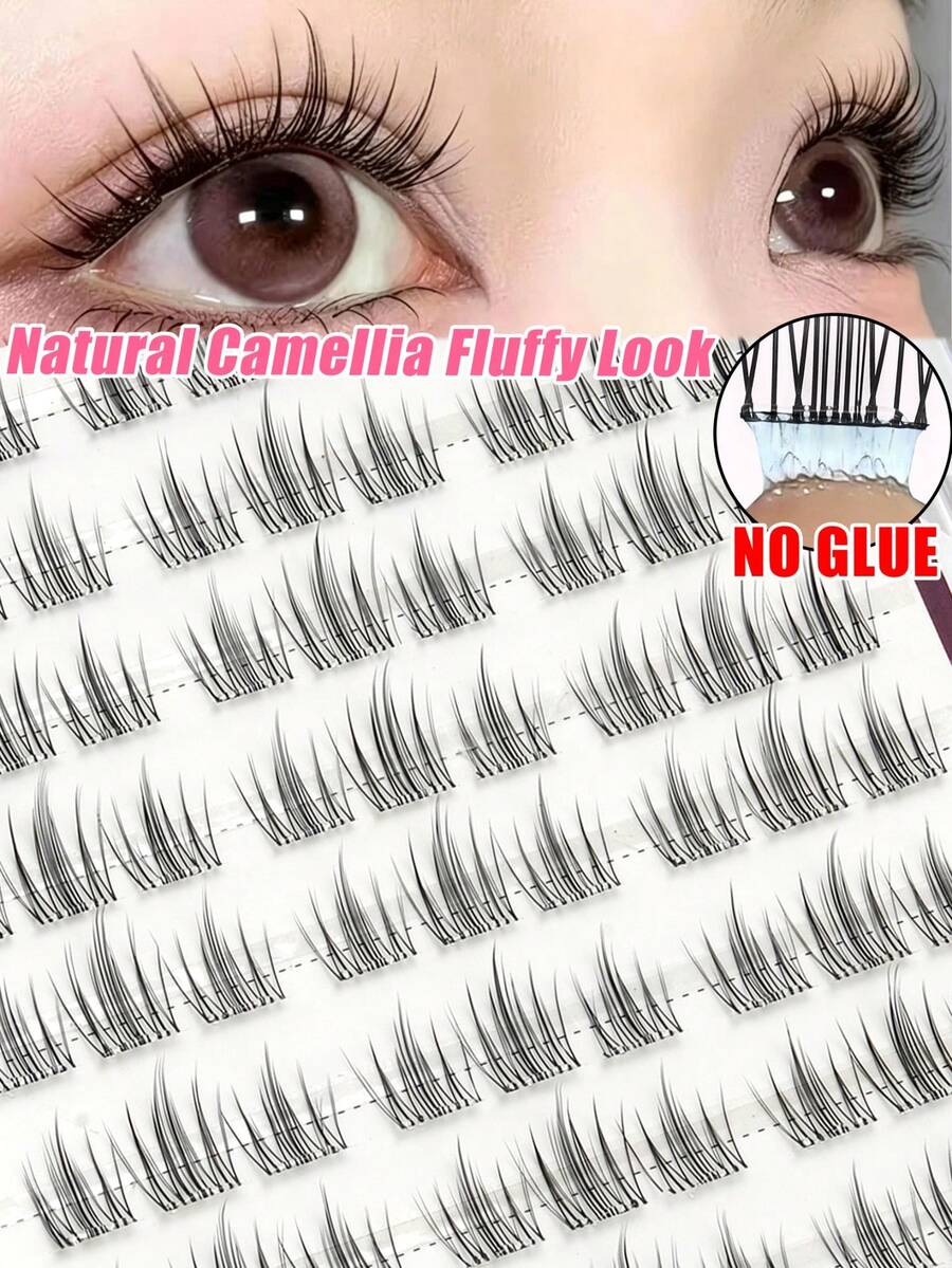 90pcs Glue-Free Self-Adhesive False Eyelash Clusters, Camellia Fluffy Lightweight Feather-Like Texture, Natural Curl, Comfortable DIY Eyelash Extensions, Easy To Wear, Suitable For Daily, Date, Party, Travel, Vacation, Christmas And Holiday Makeup - C - View 1