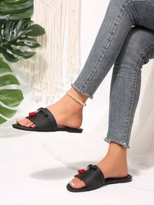 Women's Flat One-Strap Slide Sandals, Cherry & Bow Decor Open Toe Slip-On Slippers - Black - View 2