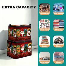 1pc 2D Foldable Zipper Storage Bag, Christmas Multi-Element Red Background Fabric Pattern Print, Thickened Large Capacity Organizer With Reinforced Handle, Suitable For Clothing, Bedding, Cosmetics, Wardrobe, Underbed Storage, Car Trunk, Office Moving - View 6