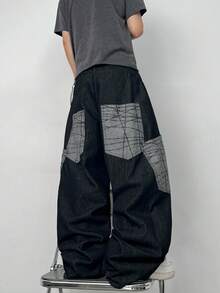 Justice Brother 1pc Korean Street Style Brand Personalized Color Block Patchwork Print Multi-Pocket Men's Black Denim Jeans Fashion Casual Wide Leg Pants Washed Loose Long Pants (Belt/Accessories Not Included) - Black - View 8