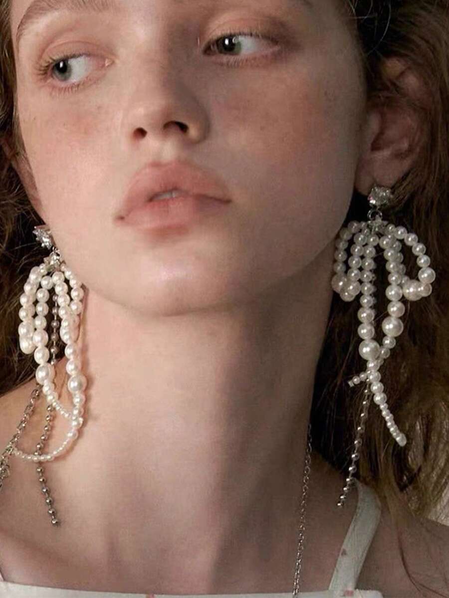 1 Pair Bow Chain Tassel Earrings, Unique Faux Pearl Beaded Drop Earrings For Women Daily Wear - White - View 1