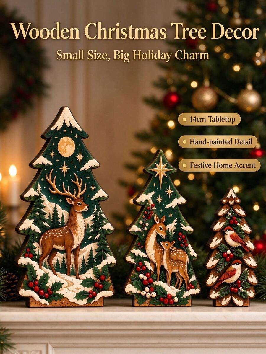 1 Set Premium Wooden Christmas Tree Desktop Decoration, Vintage Forest Deer & Bird Ornament, Suitable For Holiday Home Fireplace Party Table Display Gift Creative - Multicolor - View 1