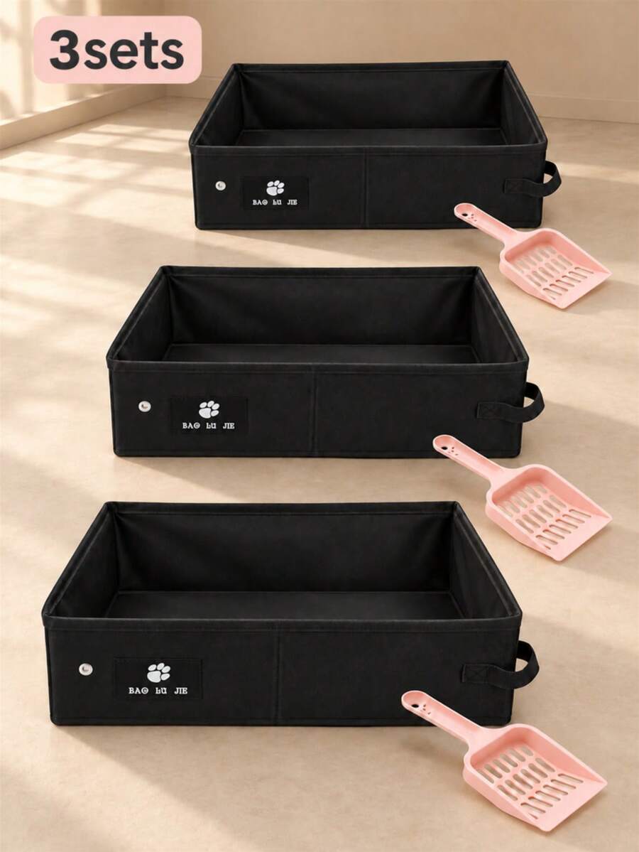 3pcs Foldable Splash-Proof Cat Litter Box (Litter Box Is The Main Item, Scoop Is Included), Litter Mat, Waterproof Portable Cat Potty, Easy-To-Clean And Odor-Free Open Cat Litter Box, Suitable For Travel, Car, And Outdoor Use - Multicolor - View 1