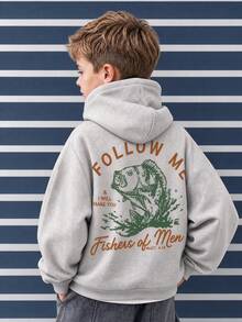 1pc Tween Boys Warm Thick Thermal Lining Hooded Sweatshirt, Student Children Autumn/Winter Long Sleeve Top - Grey - View 1