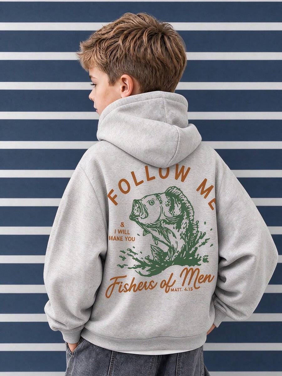 1pc Tween Boys Warm Thick Thermal Lining Hooded Sweatshirt, Student Children Autumn/Winter Long Sleeve Top - Grey - View 1