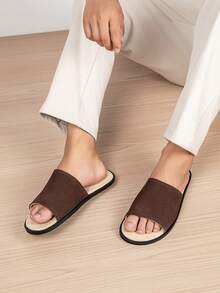 Men's Solid Color Luxury Casual Slides, One-Piece Wide Plush Design, Minimalist Elegant Style, Soft Elastic Inner Lining With Cushioning Foot Protection, Dual-Use For Home And Outdoor Wear, Versatile - Brown - View 6