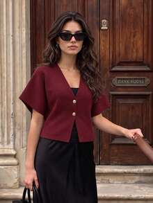 Cardigan de punto minimalista de unicolor con cuello en V y manga corta, elegante para otoño - Burdeos - Ver 2
