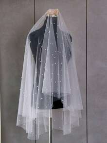 1 Pc Two Layers Scattered Pearl Bridal Veil, Soft Sheer Tulle Wedding Veil With Metal Comb, Romantic Pearl Beaded Short Veil For Bride Wedding - Multicolor - View 5