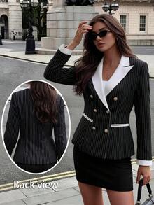 Women's Striped Double-Breasted Blazer, Contrast Color Pointed Collar Design, Long Sleeve Woven Fabric Regular Fit, Button Details, Showcasing Fashionable Style - Black - View 2