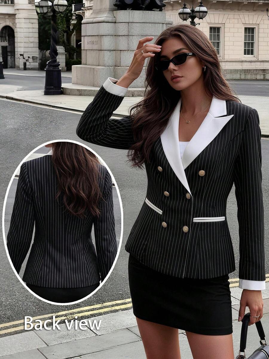 Women's Striped Double-Breasted Blazer, Contrast Color Pointed Collar Design, Long Sleeve Woven Fabric Regular Fit, Button Details, Showcasing Fashionable Style