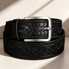 Carved Vintage Personalized Business Belt, Fashion Denim Belt, Thick Metal Buckle, Smooth Comfortable Scratch-Resistant Wear-Resistant Buckle, Premium Exquisite Embossed Tang Grass Pattern Leather Body, Personalized Bold Design, Suitable For Daily Outings And Formal Occasions, Suitable For Suits, Denim Jeans And Various Pants, Suitable As Birthday Gift For Father, Friend, Husband - Black - View 2