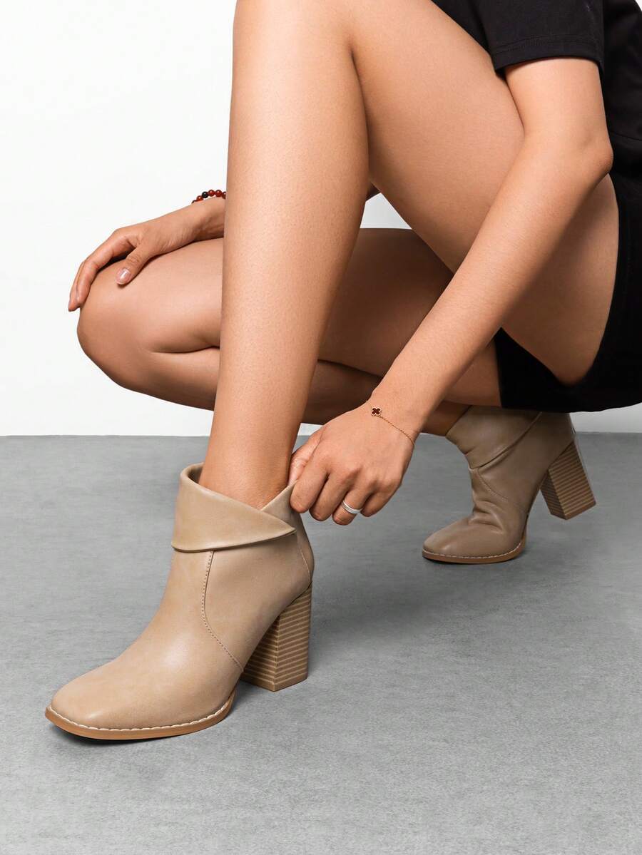 Dream Pairs Women's Square Toe Ankle Boots Chunky Wood-Pattern Heel Platform Boots Metallic Buckle Straps - Brown - View 1