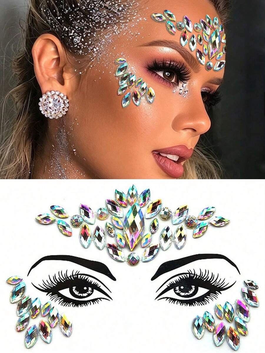 STARTTOOS 1pc Laser Fashion Self-Adhesive 3D Faux Gemstone Face Rhinestone Sticker, Holiday Gift, Music Festival, Y2K Makeup, Party Face Decoration - Multicolor - View 1