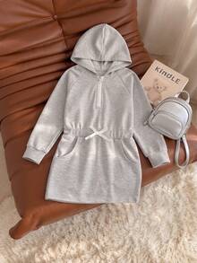 Girls Casual Hooded Sweatshirt Dress, Light Gray Tone, Minimalist Versatile Half-Zip Design, Long Sweatshirt - Light Grey - View 5