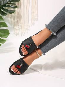 Women's Flat One-Strap Slide Sandals, Cherry & Bow Decor Open Toe Slip-On Slippers - Black - View 3