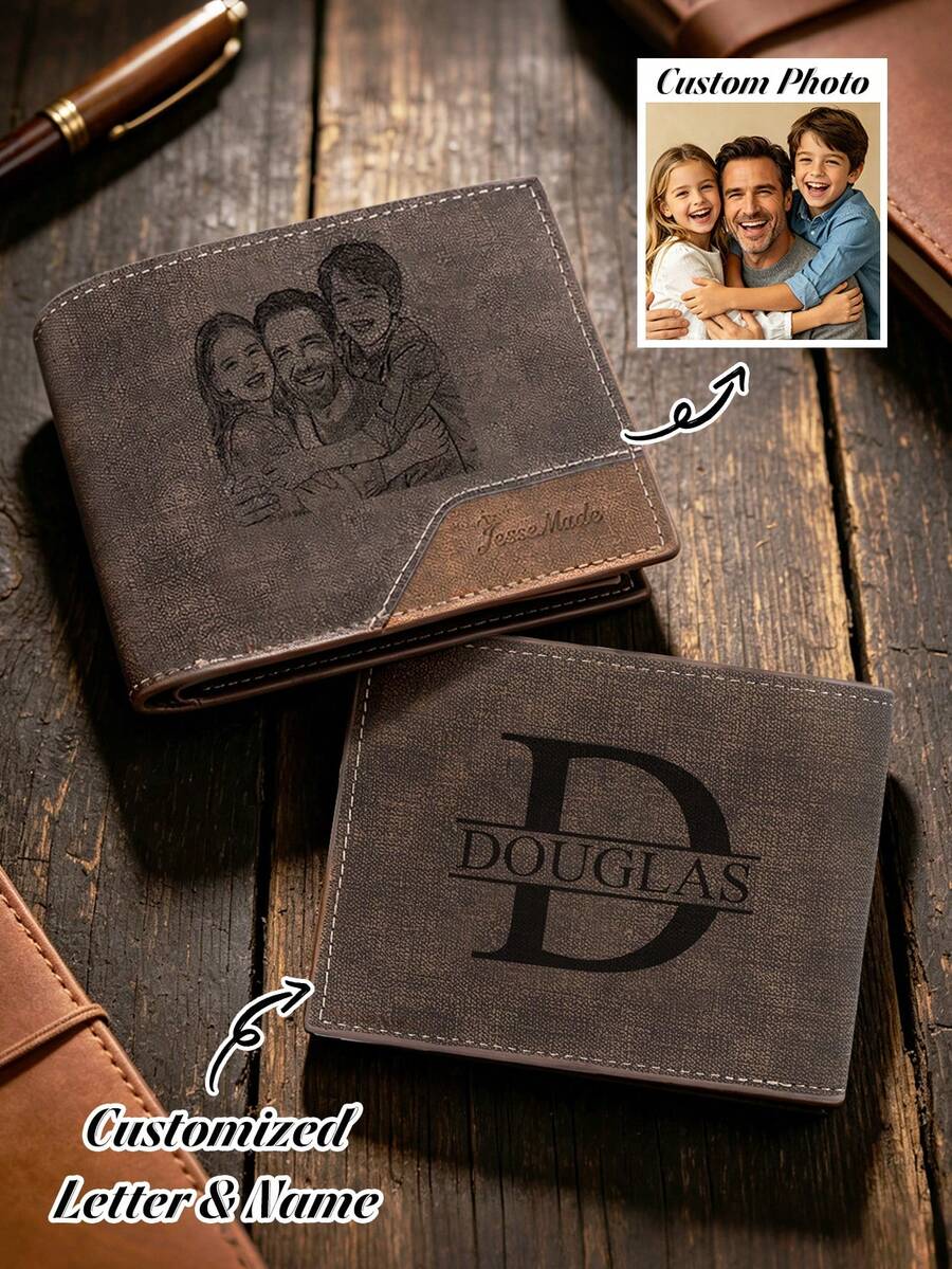 1pc Customized Men's Leather Wallet, Personalized Name Initial Or Photo Engraving, Vintage Dark Brown Wallet, Christmas, Father's Day Gift - Dark Brown - View 1