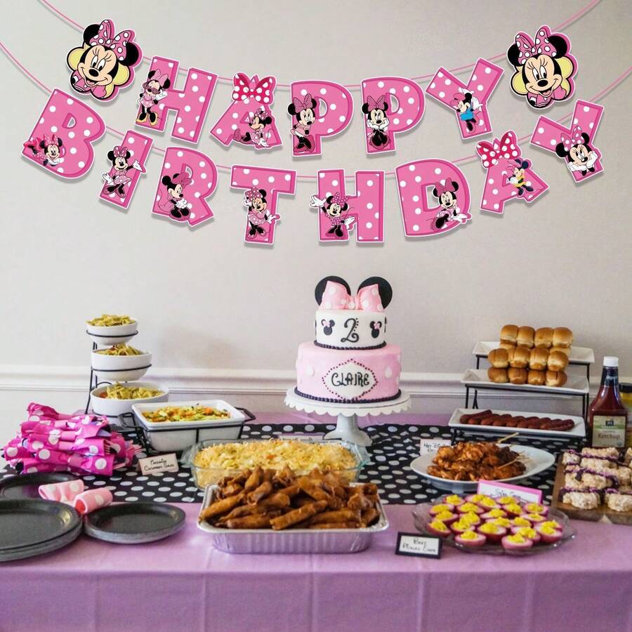 Pink Mouse Happy Birthday Banner, Pink Polka Dot Birthday Sign Banner For Birthday Party Decorations Supplies - Multicolor - View 1