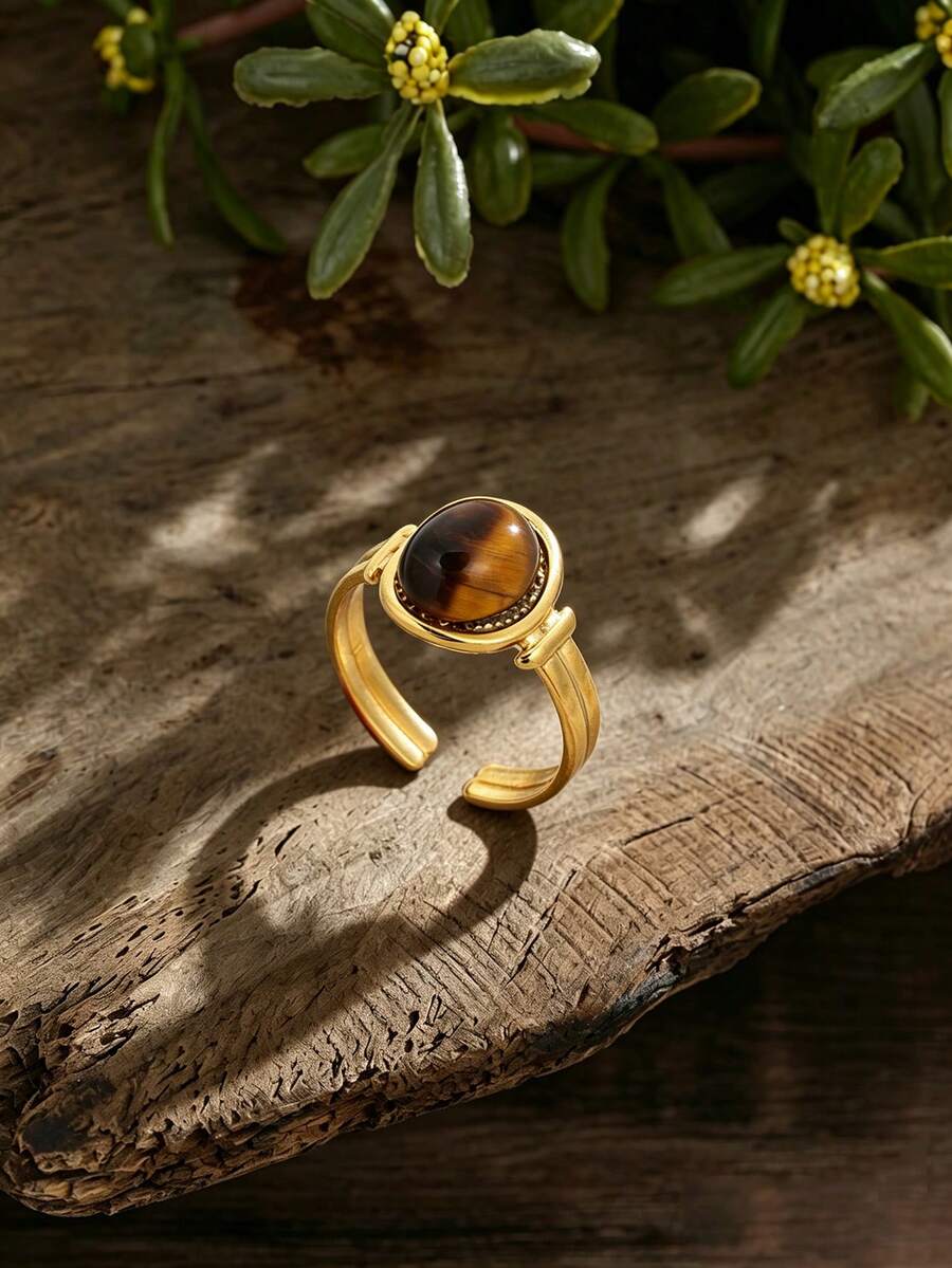 1pc Fashion Boho Simple Geometric 304 Stainless Steel Ring For Woman Accessories Natural Tiger Eye Stone Open Golden Rings Daily Party Jewelry Gift - Geometry - View 1