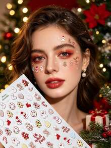 7/5/3/1pcs Christmas Warm Tone Face Decoration Sticker Set, Gingerbread Man, Snowman, Candy, Sock Pattern Face Decoration Stickers, Includes Tweezers, Holiday Party Makeup Accent Stickers - Multicolor - View 2