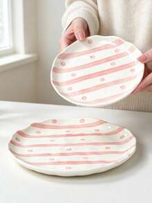 2Pcs 6"+8" Hand Painted Stripe & Polka Dot Ceramic Plates, Irregular Wavy Edge Dinner Dessert Plate, Ins Style Serving Tray For Breakfast Fruit Cake - Multicolor - View 3