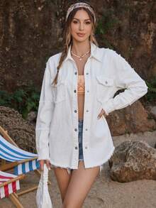 White Frayed Collar Women's Denim Shacket, Loose Drop Shoulder Double Pocket Design Long Sleeve Utility Jacket, Casual Versatile Autumn Outfit - White - View 3