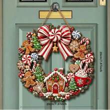 1pc Gingerbread Man Christmas Wreath Door Hanger, Candy Cane Gingerbread House Xmas Front Door Wreath, Winter Holiday Wall Porch Decor - A - View 3