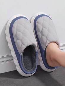 Winter New Fashion Fleece Lined Color Block Patchwork Women's Home Slippers Slip-On Simple Thick Sole Unisex Couple Bedroom Basic Slippers Random Lining Color - Blue-grey - View 4