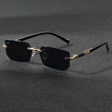 Men's Square Rimless Gold Frame Black Hip-Hop Fashion Glasses, Vintage Fashion Design, Outdoor Travel Driving Sun Protection Premium Fashion Glasses - Multicolor - View 3