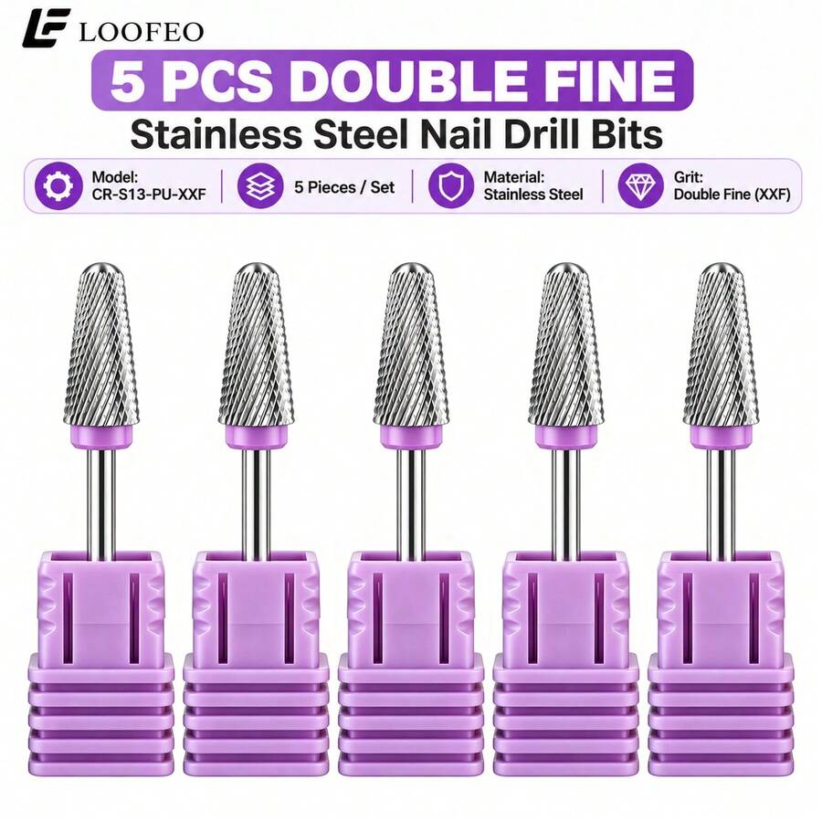 5Pcs Rounded Cone Stainless Steel Nail Drill Bit Set, 3/32" Shank E-File Accessories For Cuticle Cleaning, Nail Prep And Manicure XXF Grit - Mauve Purple - View 1