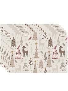 2/4/6Pcs Christmas Placemat, Neutral Boho Reindeer & Xmas Tree Print Linen Table Mat, Winter Holiday Table Decor For Dining Table, Farmhouse Rustic Xmas Party Kitchen Tabletop Decoration, Holiday Season Table Accessory - White - View 10