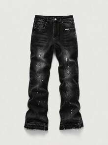 Flared Jeans, Stretch Denim, Skinny Jeans, Washed Denim, Distressed Jeans, Versatile Fashion Cotton Product, Slanted Pockets Washed Denim, Streetwear Fashion Denim - Black - View 4