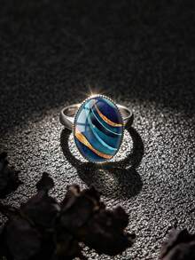 YUJUGLOW 1PC Abstract Twisted Asymmetrical Line Pattern With 316 Stainless Steel Oval Open Adjustable Ring, Suitable For Women's Daily Wear - Navy Blue - View 5