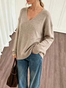 Solid Color V-Neck Soft Loose Sweater - Champagne - View 2