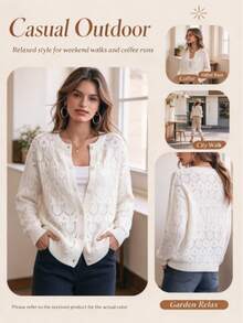 Plus Size Women's Autumn/Winter Hollow Knit Cardigan, Long Sleeve Round Neck Front Button Cardigan Sweater, Casual Commute Shopping Slim Fit Jacket - Beige - View 3