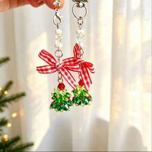 1pc New Christmas Tree Phone Lanyard Crystal Beaded Red Plaid Bow Keychain Christmas Gift Bag Charm - one-size - View 3