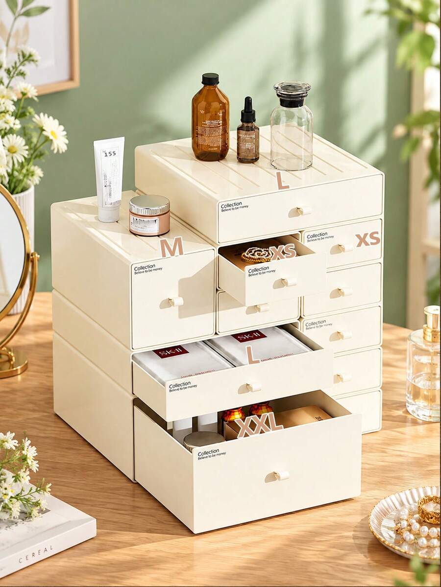 Stackable PP Plastic Drawer Storage Box, Cosmetic Storage Box, Home Desktop Vanity Skincare Lipstick Organizer, Jewelry Organizer Drawer Storage, Multi-Size Multi-Function Desktop And Vanity Storage Box, Suitable For Cosmetics, Accessories, Jewelry, Bedroom, Dormitory And Office Supplies Storage Container