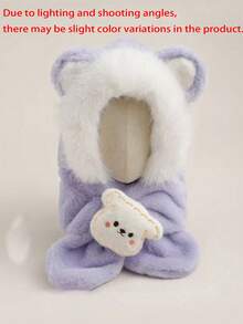 Winter Hat And Scarf 2-In-1, Plush Cartoon Ears All-In-One Hooded Scarf, Cute Cartoon Doll Accessory, Warm Winter Accessory - Multicolor - View 9