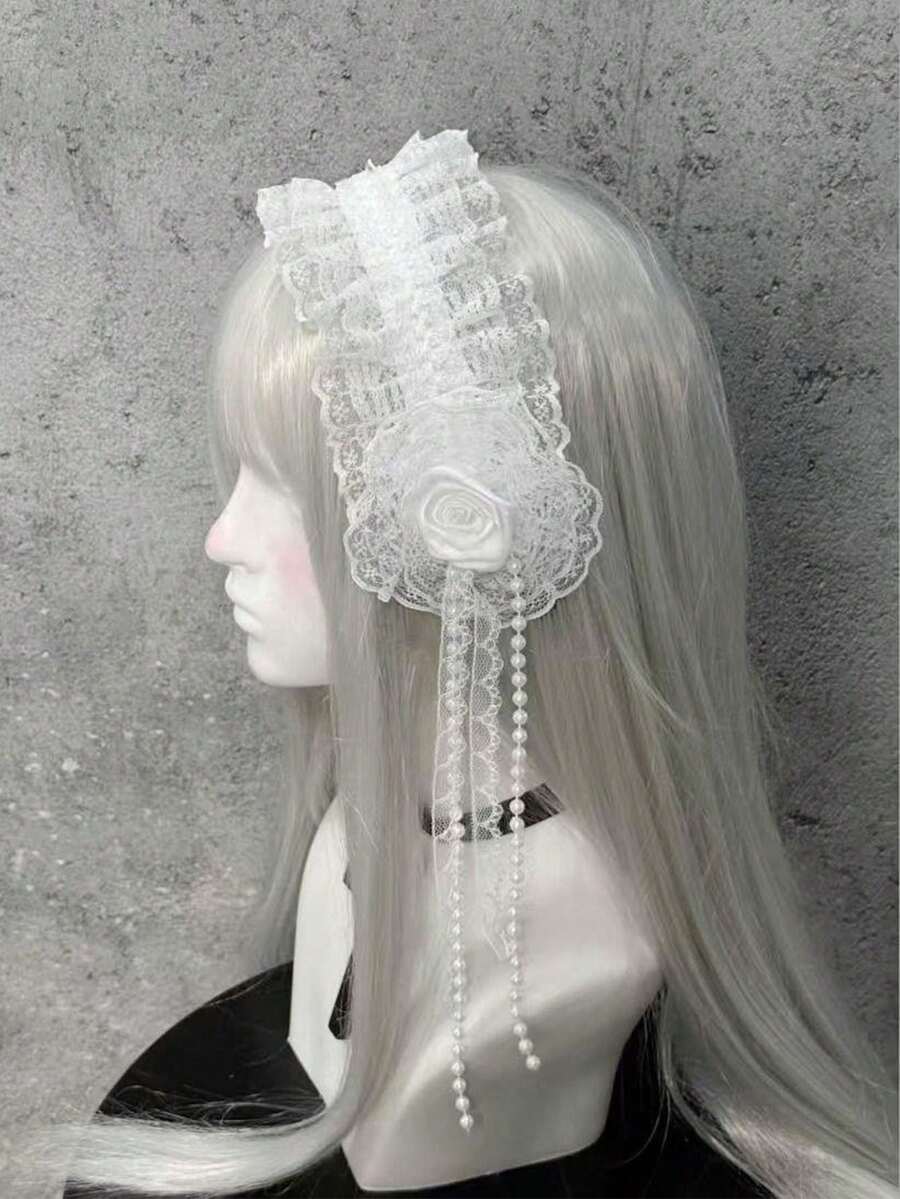 1pc White Lace Hair Clip Headband With Pink Bow Ribbon, Lolita Side Clip, Women Fashion Cosplay Hair Accessory, Halloween - Beige - View 1