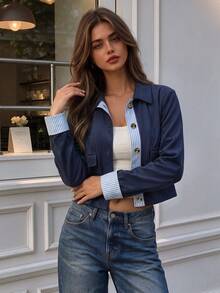 Jaket Pendek Wanita Elegan Musim Gugur Warna Biru Tua, Berkerah, Kancing Depan, Manset Bergaris Kontras, Saku Plaket, Pakaian Luar, Mantel Kantor, Sehari-hari, Liburan, Festival - Navy Blue - View 10