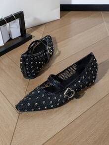 Black Mesh Rhinestone Pointed Toe Flat Shoes For Women, Bowknot Low Vamp Breathable Evening Party Shoes With Pure Metal Rhinestones - Black - View 10