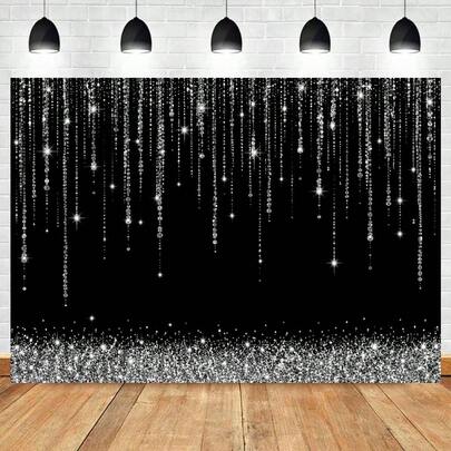 1pc Black Background Silver-Glowing Diamond Fringed Banner, Made Of Polyester Material, Suitable For Weddings,Anniversaries,Adult Birthdays,Birthdays,Graduation Banquets,New Year Parties,Outdoor/Indoor Outdoor,Gatherings Of Friends,Universal Theme.