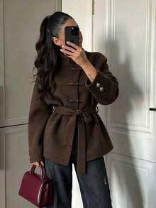 Women's Fashion Vintage Brown Overcoat, Long Sleeve, With Belt, Suitable For Autumn/Winter Daily Wear And Gatherings - Mocha Brown - View 1