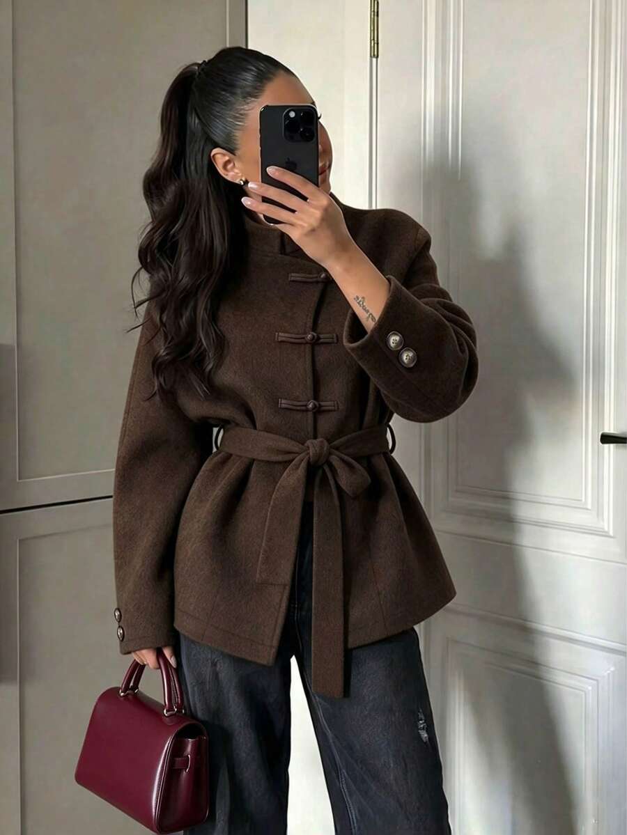 Women's Fashion Vintage Brown Overcoat, Long Sleeve, With Belt, Suitable For Autumn/Winter Daily Wear And Gatherings - Mocha Brown - View 1