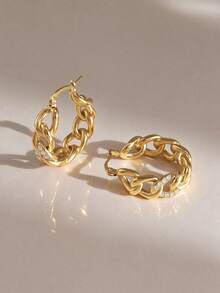 1 Pair Minimalist Elegant Chain Hollow Geometric Hoop Earrings Suitable For Women's Daily Casual Wear - Yellow Gold - View 2