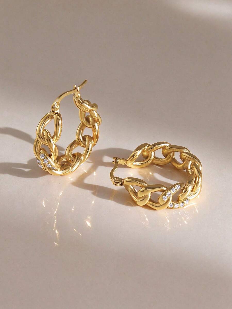 1 Pair Minimalist Elegant Chain Hollow Geometric Hoop Earrings Suitable For Women's Daily Casual Wear