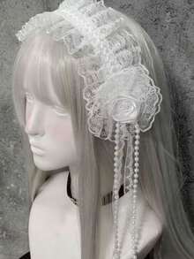 1pc White Lace Hair Clip Headband With Pink Bow Ribbon, Lolita Side Clip, Women Fashion Cosplay Hair Accessory, Halloween - Beige - View 2